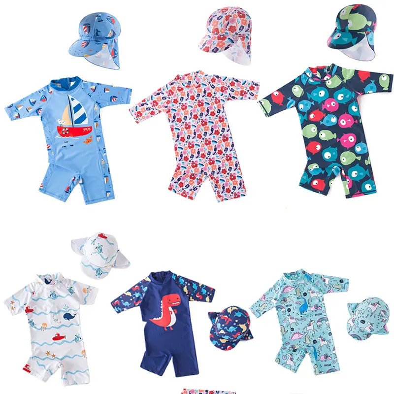 Cartoon Baby Swimwear Boy Swimsuit with Hat One Piece Sunsuit Child Bathing Suit Infant Toddler Kids UPF 50+ Sunscreen Beachwear