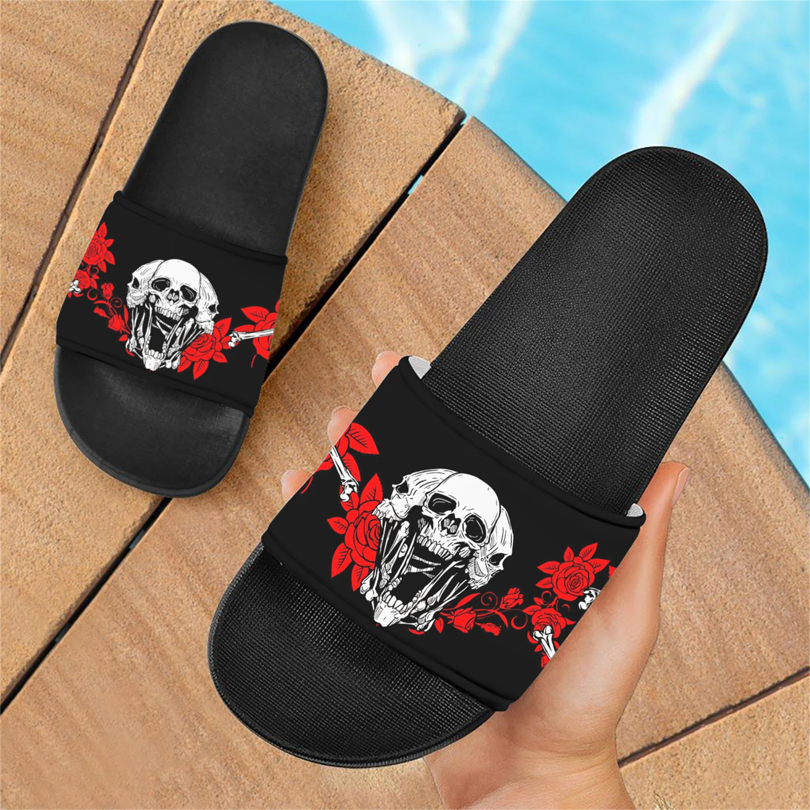 Horror Skull Print Casual Slides Halloween Gift Breathable Non-slip Home Hotel Shower Slippers Beach Sandals Female 2023 Gift