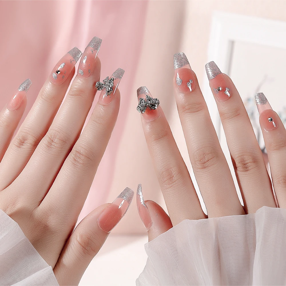 

24 шт. длинный гроб, накладные ногти нюдового цвета с бантом, долговечная идентификация для прессования на пальце, набор для маникюра, наклад...