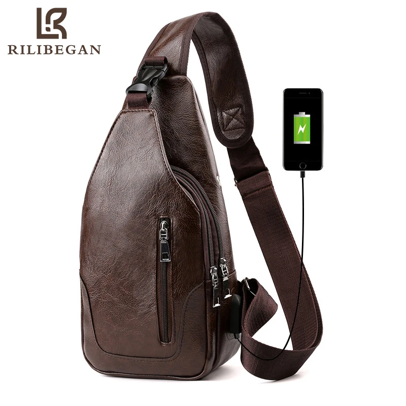  Casual Men Chest Bag USB Charging  &  Headphone Jack Leather PU Crossbody Bag for Men Large Capacity Men Travel Business Bag 