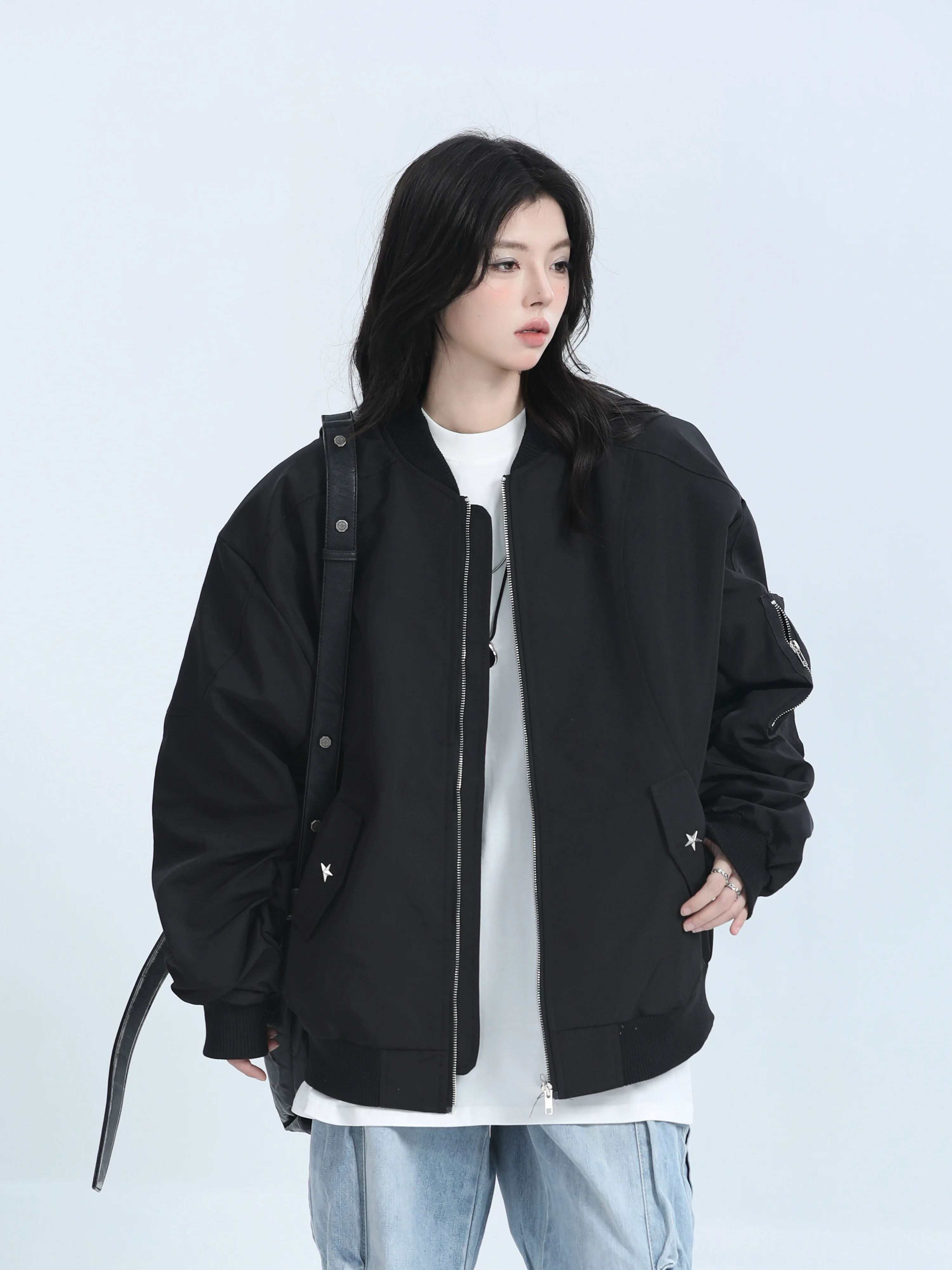 [Sitting in the Mountains] American vintage Street Baseball Uniform Jacket Women Neutral Sle Loose Zip-up Outerwear Tide