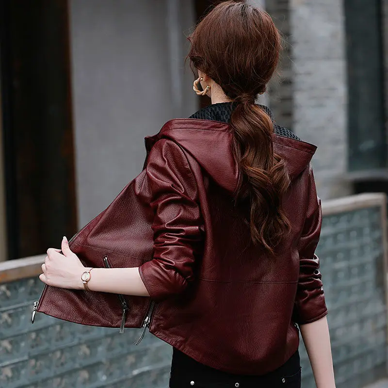 Ms. Fashion Leather jacket popular Korean version of the short women's sheepskin hoodie zip-up leather jumper punk leather jacke