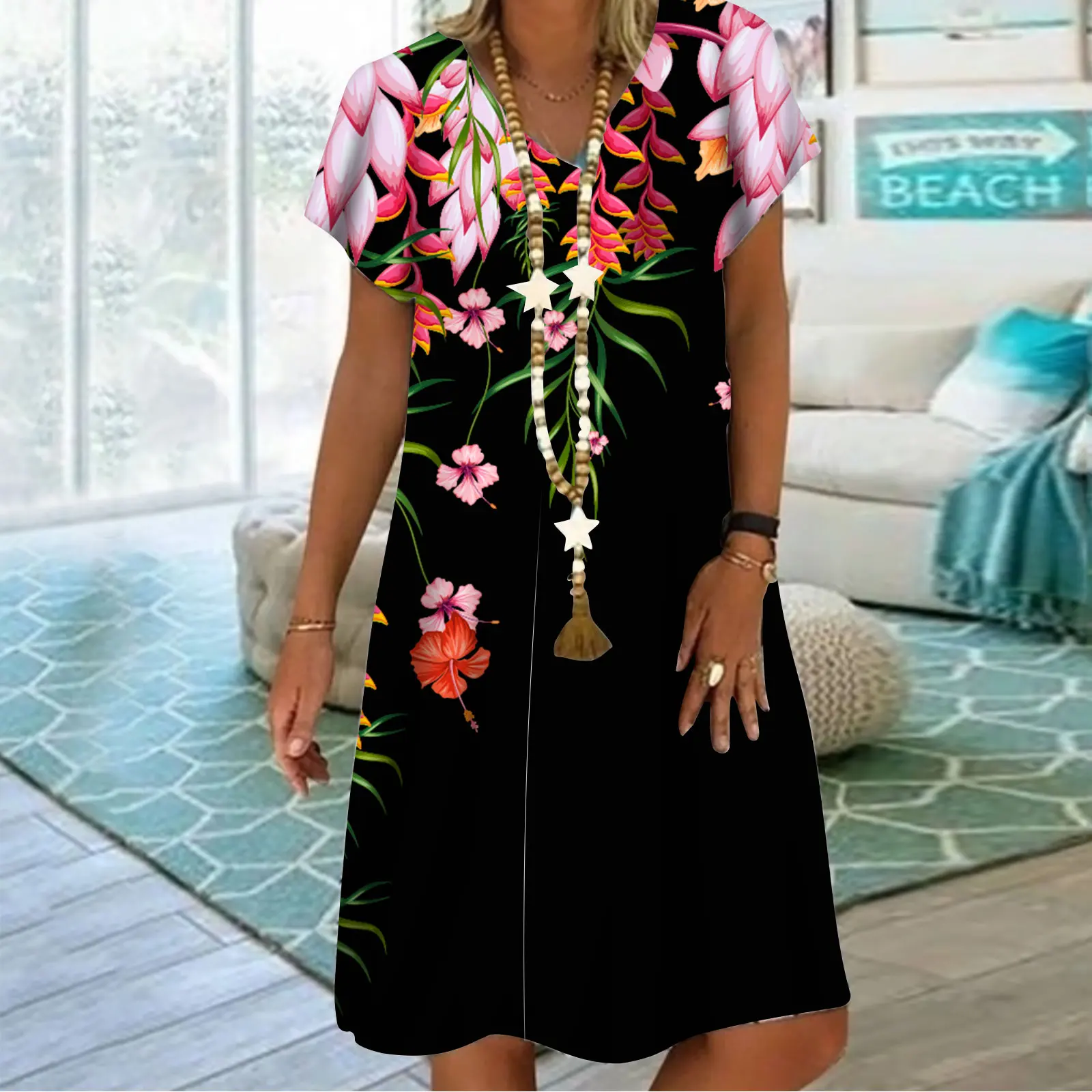 Женское летнее свободное платье с V-образным вырезом |