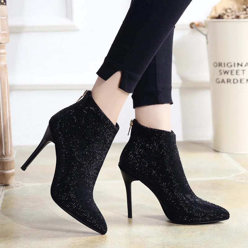 Winter Pointed Toe Thin High Heel Short Boots Sexy Rhinestone Single Boots Fashion Boots