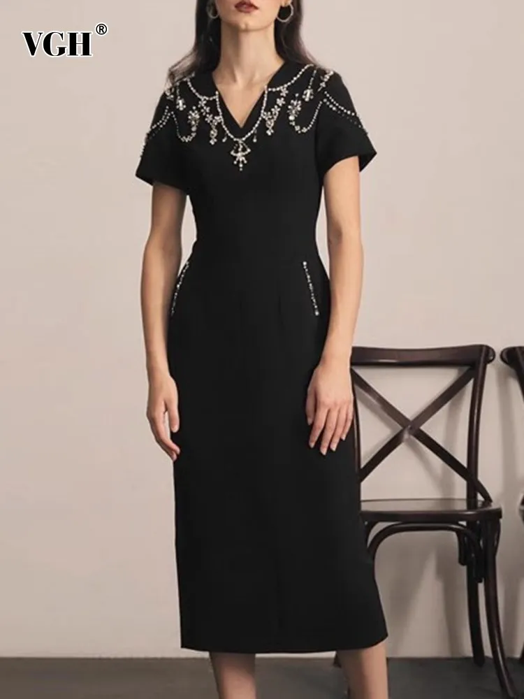 

VGH Solid Patchwork Diamonds Elegant Dress For Women V Neck Short Sleeve High Waist Slim Temperament Dresses Female Fashion New