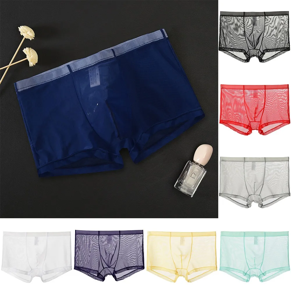 

New Sexy Breathable Thin Boxer Shorts Men Mesh Transparent See Through U-Convex Underwear Lingerie Homewear Panties Plus Size