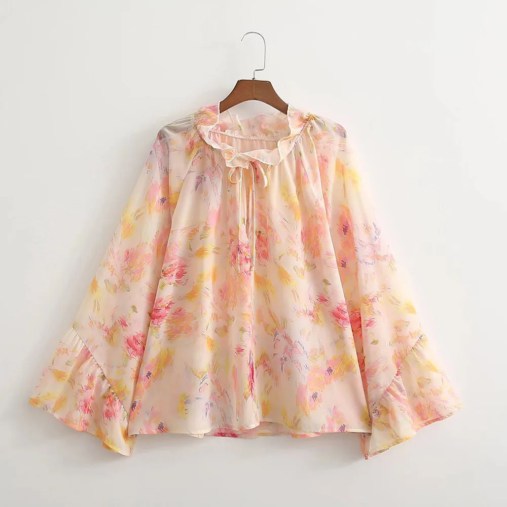 

ZATRHMBM Female clothing new fashion long sleeves Ladies shirt Vintage lacing print Chic Top crew neck fashion woman blouse 2022