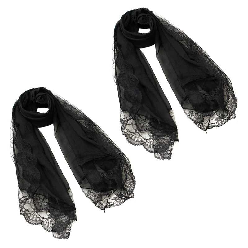 

2X Woman Scarves Chiffon Lace Scarf Wrap Scarf Black