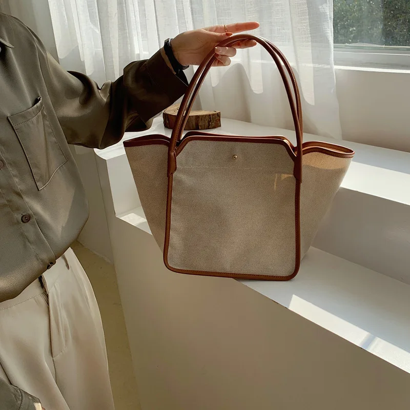 

2023 Large Capacity Women's Canvas Tote Bag Summer Leather Splicing Handbag Female Shopping Bag OL Commuter Bag Sac A Main