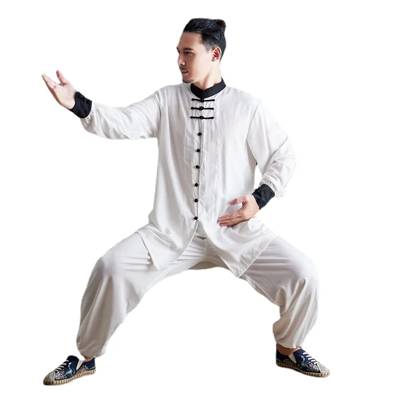 Chinese Style Suit Men Ancient Style Cotton and Linen Long Shirt Tang Suit Trousers Zen Clothes Loose Tai Chi Practice Clothing