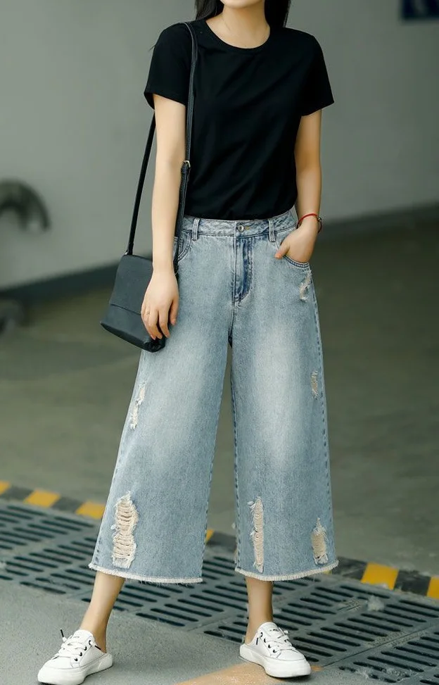 Летние брюки с высокой талией длиной до икры потертые джинсы свободные женские