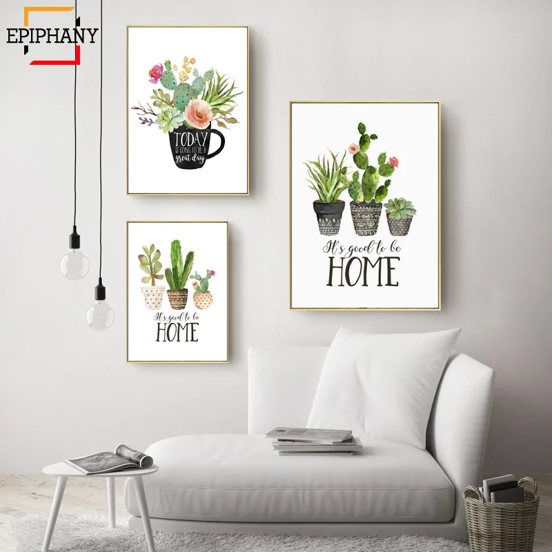 

Botanical Cactus Print Home Sweet Home Sign Quote Wall Art Painting Kitchen Decor Tea Poster Nordic Wall Picture for Living Room