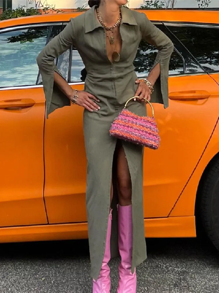 

Hirigin зеленые платья с глубоким V-образным вырезом и длинным рукавом с разрезом для женщин осенние модные Сексуальные облегающие длинные пла...