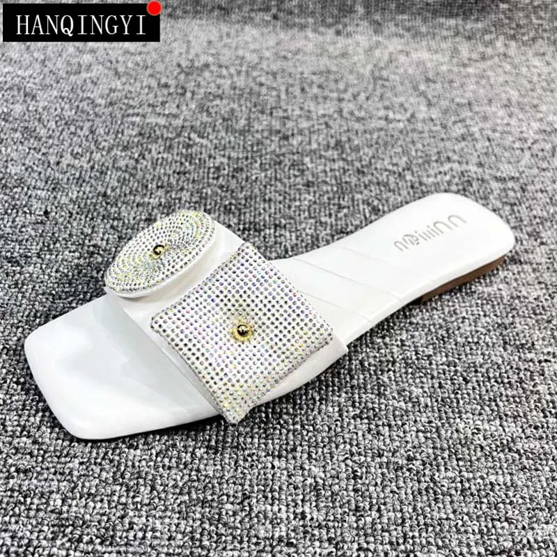Big Size Women Slippers Female Shoes Flip Flops 2023 Summer Casual Slides Black Ladies Outside Square Toe Rhinestones Footwear