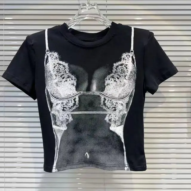 Новинка 2024 женские футболки Забавный принт бикини Наплечные подушечки футболка