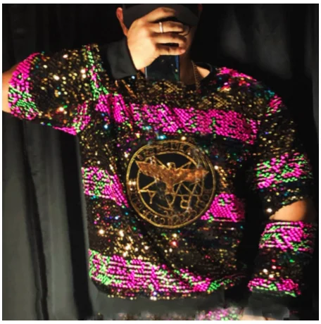 

Nightclub Bar Male Singer DJ DS GOGO Tide Brand Colorful Hollow Hip Hop Sweatshirt Costume Set National Tide