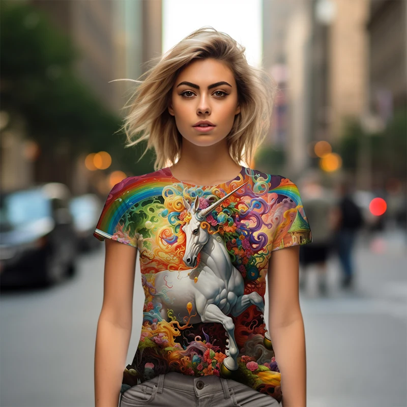 

Summer new lady T -shirt unicorn 3D printed lady T -shirt fantasy casual ladies T -shirt fashion trend women T -shirt