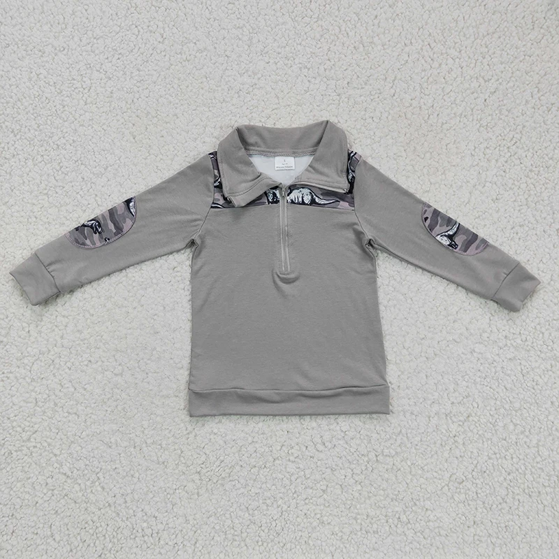 

Toddler Dinosaur Camo Clothes Grey Long Sleeves Pullover Cotton Shirt Wholesale Baby Boy Tee Lapel Children Zipper Fall Clothing