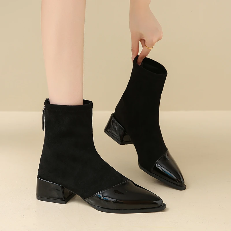 Ботильоны женские замшевые туфли на массивном среднем каблуке с острым носком