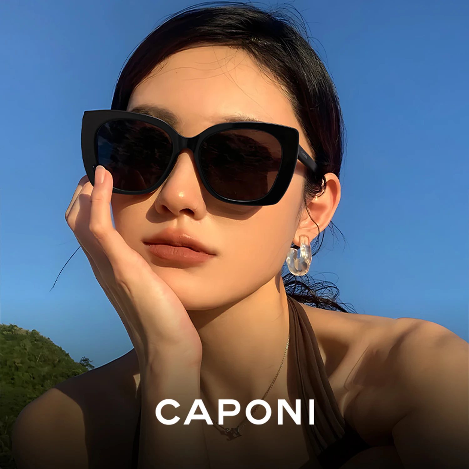 Фото CAPONI поляризационные нейлоновые солнцезащитные очки для женщин, высококачественные ацетатные очки с защитой UV400, модные солнцезащитные очки большого размера CP24062 №1