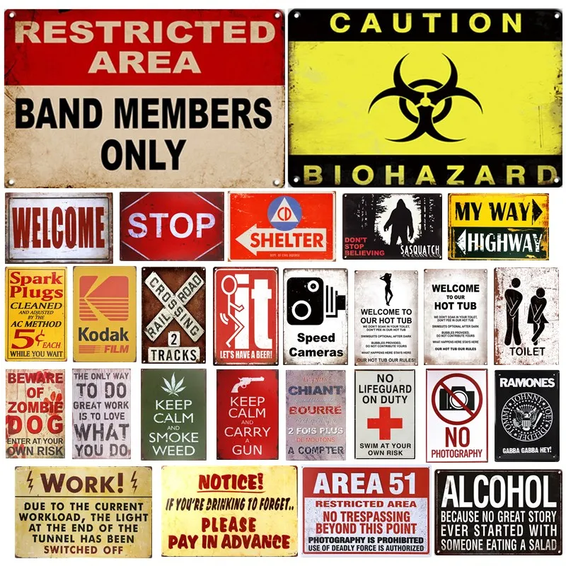 

Restricted Area Zone Warning Slogan Tin Signs Metal Plaque Wall Decor For Garage Pub Bar Man Cave