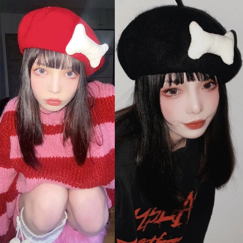 

Hand-made Lamb Ear Beret Elegant Painter Hat Gift for Girlfriend Y2K-style Subculture Hat for Dog Walking