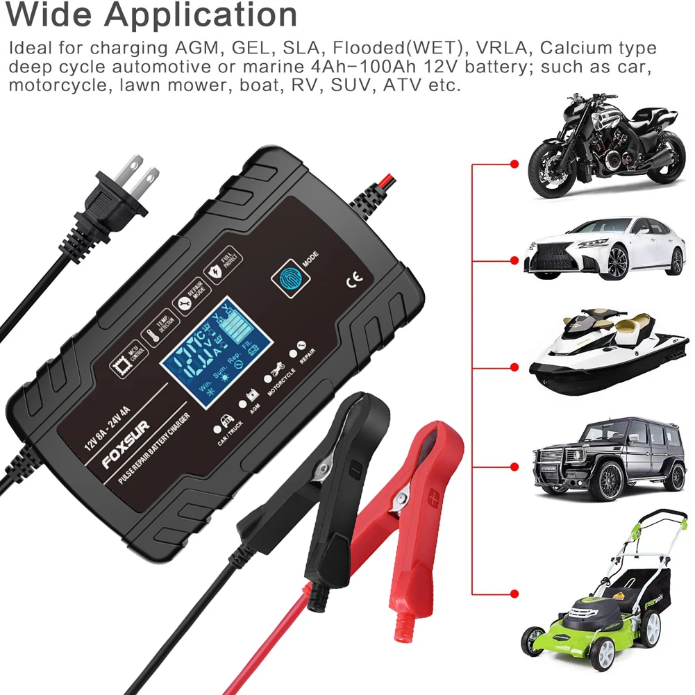 Автоматическое зарядное устройство FOXSUR 12 В, 24 В, 8 А, 3-ступенчатое импульсное восстановление, ЖК-дисплей, умное автомобильное зарядное устройство для аккумуляторов, гелевое свинцово-Кислотное AGM Wet