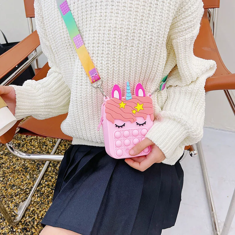 Tirdkid Fashion Pop Purse Push Bubbles Fidget Toy, Squishy Kawaii Rainbow Unicorn Purse Silica Dimple Crossbody Bags for Girls enlarge