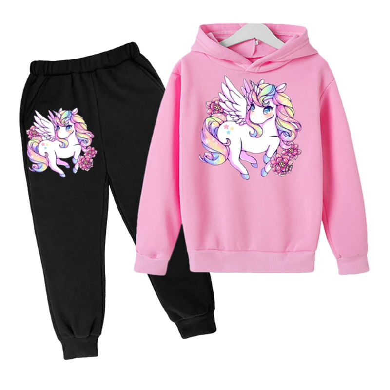 Spring and Autumn New Unicorn Pink Girls Hoodie Set Top + Trousers Sports Suit Warm Children's Clothes Boys Baby Princess Clothe