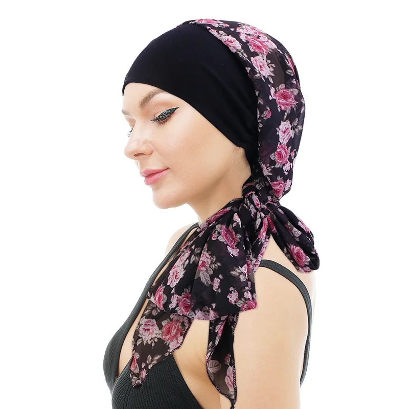

Muslim Women Elastic Wide Print Flower Turban Cap Bandanas Inner Hijabs Cap Pre-Tied Headwear Bandana Tichel for Ladies Turbante