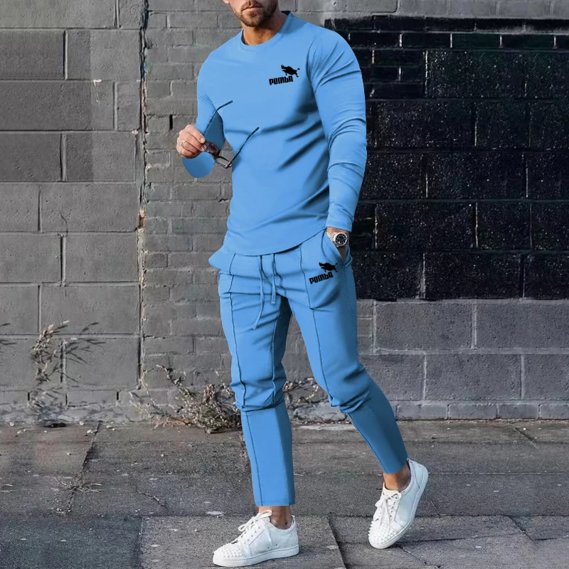 Brand Men's Spring and Autumn Round Neck Casual and Comfortable Top + Sports Trousers Two-Piece Boutique Suit