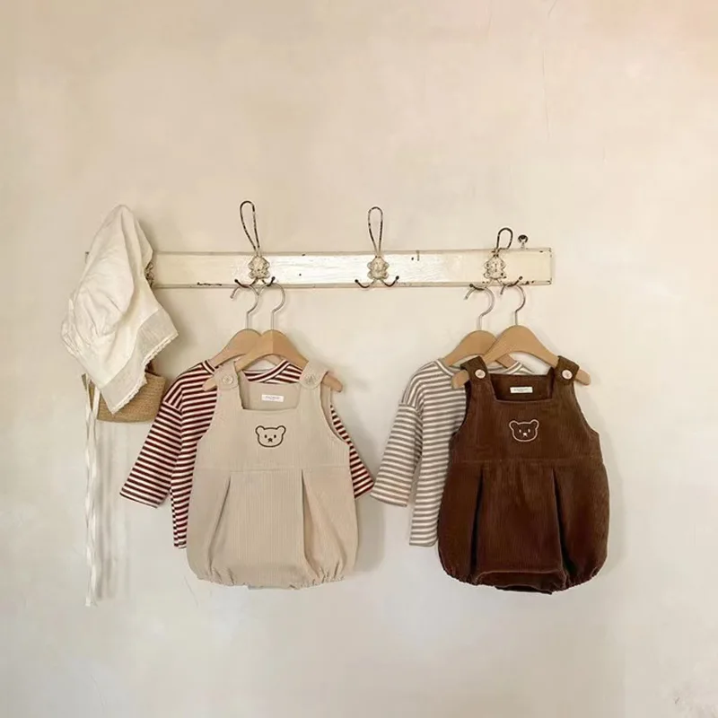 

Bottoming Shirt Overalls 2pcs romper Clothes Children 2022 Spring Autumn New Baby Boy Clothing Set Baby Girl Long-sleeve Striped