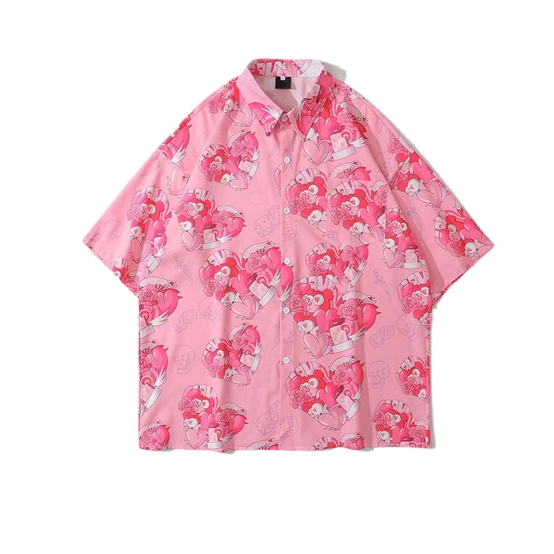 Peach Heart Short Sleeved Pink Flower Shirt American Retro National Fashion Hawaiian Men's and Women's Port Fashion Top Men's