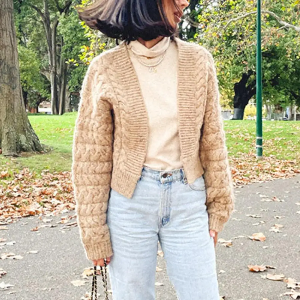 

Short Sweater Cardigan Women Long Sleeve Open Stitch Ribbing Trim Solid Color Twist Coarse Yarn Knitted Coat Women Outerwear