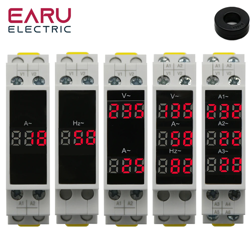 Din Rail 18mm Voltage Current HZ Meter AC 80-500V 220V 380V 100A Modular Voltmeter Ammeter LED Indicator Digital Volt Tester
