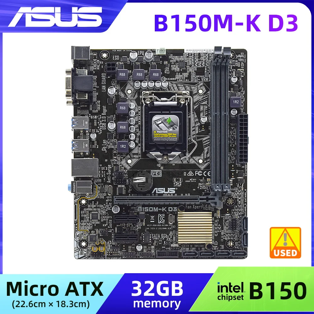 

LGA 1151 Motherboard ASUS B150M-K D3 Motherboard For 6 Gen Core i7/i5/i3 Intel B150 DDR3 32GB PCI-E 3.0 6×SATA III Micro ATX