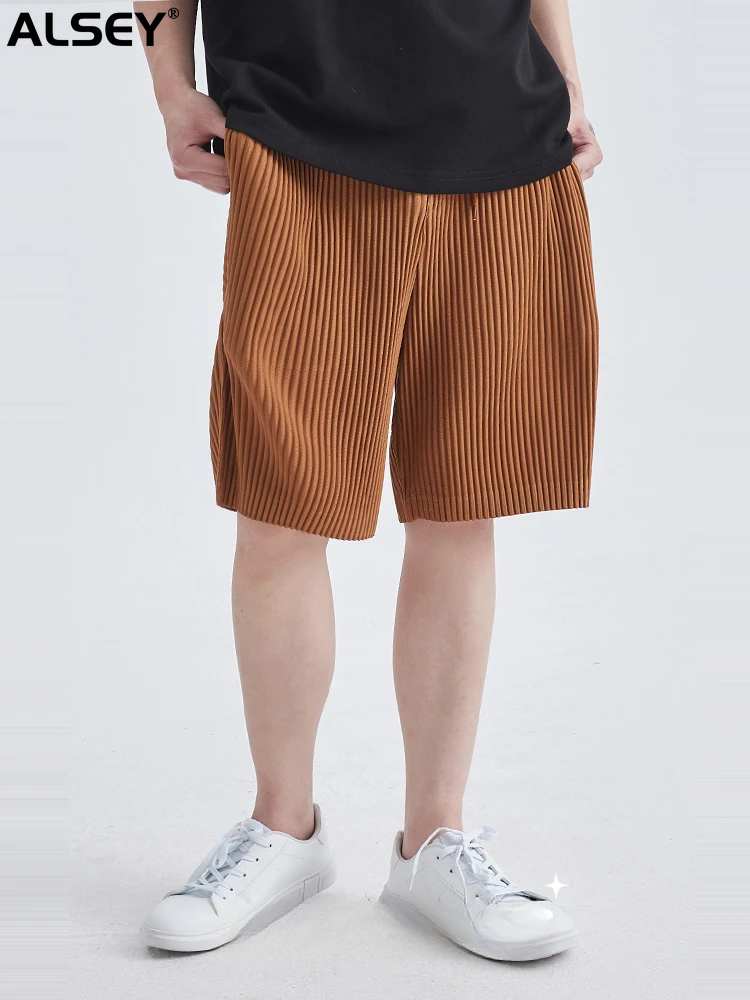 

Шорты ALSEY Miyake мужские Плиссированные, летние пляжные повседневные спортивные, с текстурой карри, с кулиской, уличная одежда, штаны