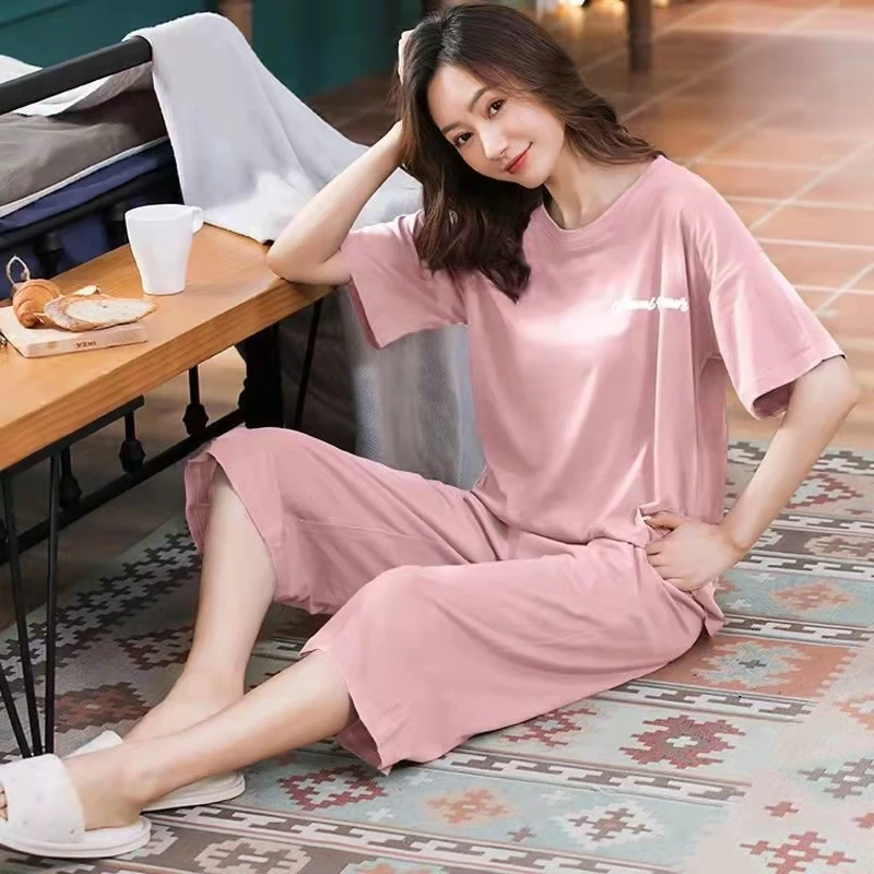 Pajamas women's summer short-sleeved cropped pants Korean style casual cute two-piece thin section outerwear home service suit