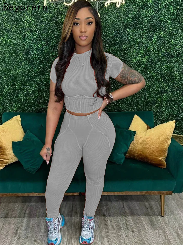 Beyprern Повседневный укороченный топ в рубчик и подходящие леггинсы комплект из