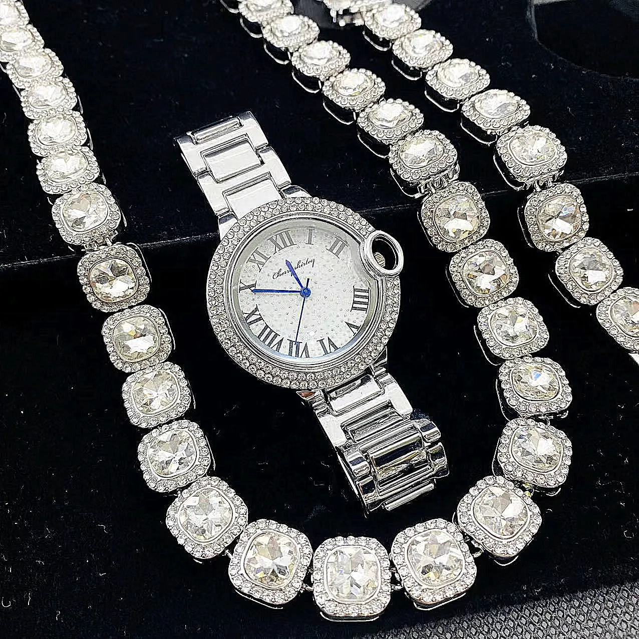 3pcs Luxury Watch for Women Gold Watch Tennis Chain Bracelet Necklace Choker Bling Fashion Jewelry for Women Watches Fanshion