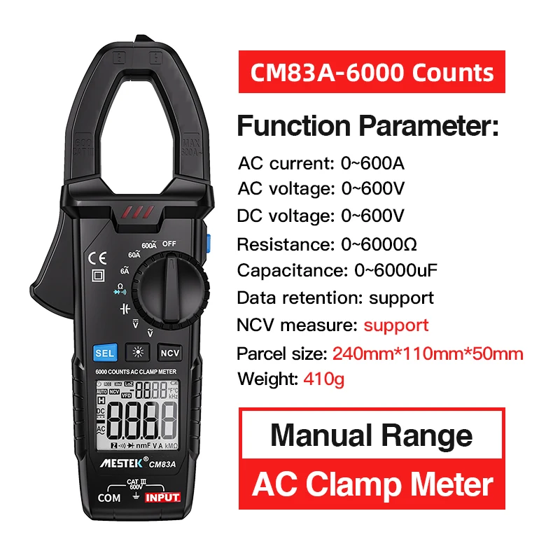 

MESTEK CM83A DC AC Current Voltage Ampere NCV Ohm Tester Ammeter Multimeter Electrician Digital Clamp Meter