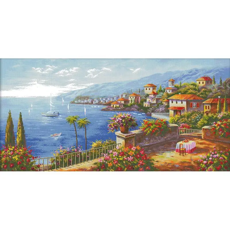 

Mediterranean Style Beautiful Seaside Pattern Cross Stitch Kit Aida 14CT 16CT 11CT Printed Canvas Fabric Sewing Embroidery Kits