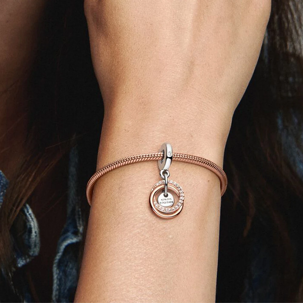 Pandora-Double Halo Coussins Dangle Charm for Women, Always Encercled Family, Rotterdam Kling, DIY Executive Bracelets Gifts, Mother's Day