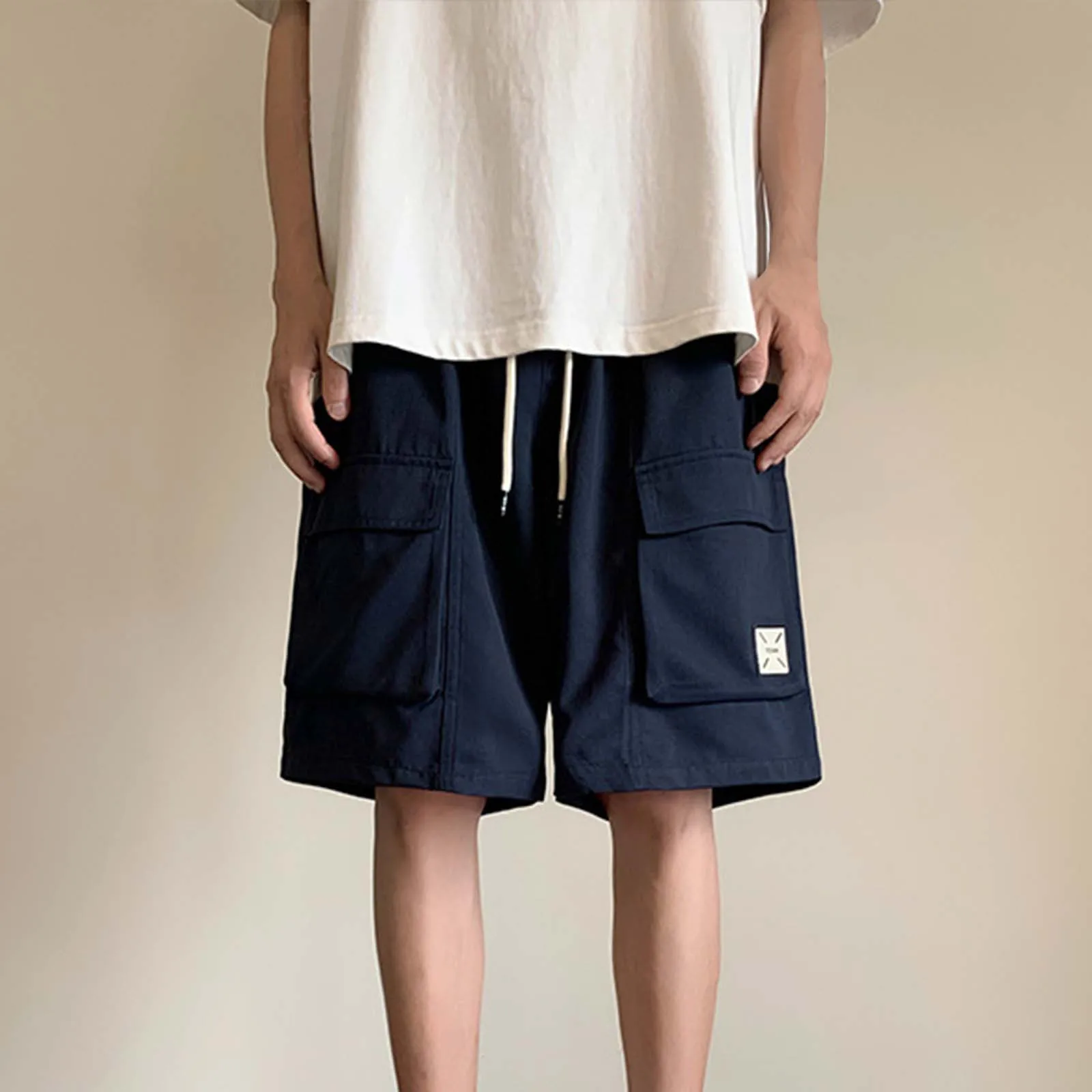 

Летние мужские шорты, спортивные штаны из пяти частей, свободные шорты-карго, Пляжные штаны для бега в стиле Харадзюку, однотонные шорты-карго с кулиской, домашняя одежда