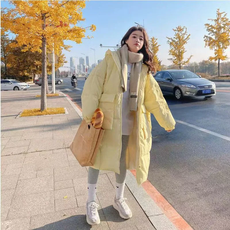 Milky Yellow Cotton Jacket for Women Winter Korean Long Bread Jacket Loose Thickened Cotton Padded Coats Female Hooded Parkas