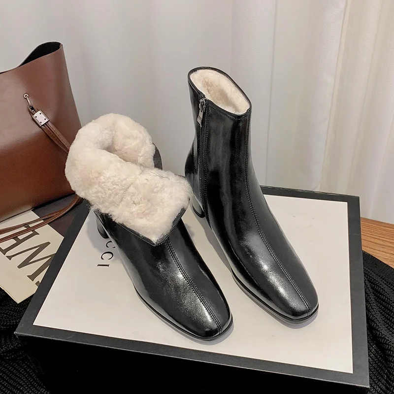 

Водонепроницаемые короткие женские ботильоны на толстом высоком каблуке, из натуральной коровьей кожи и овечьей шерсти