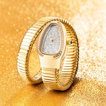 MISSFOX New Snake Full Diamond Woman Watch Gold Silver Bracelet Watches Lady Fashion Party Women Quartz Watches Relogio Feminino 1