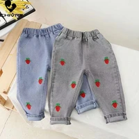 new 2022 kids fashion jeans long trousers pants girls classic denim strawberry embroidery pants baby jeans spring autumn jeans