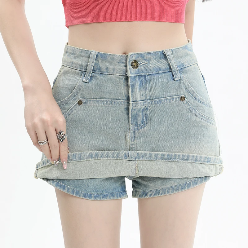 2023 Denim Skirt Women's Blue Casual Summer Shorts New Korean Version High Waist Spice Girls Loose and Slim Personality