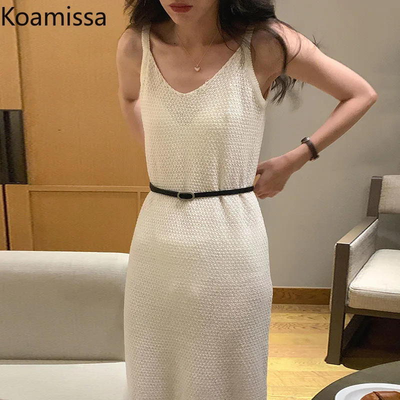 Koamissa Summer Women Sexy Slip Dress Sleeveless V Neck Fashion Bodycon Basic Dresses Club OL Solid A Line Vestidos with Belt